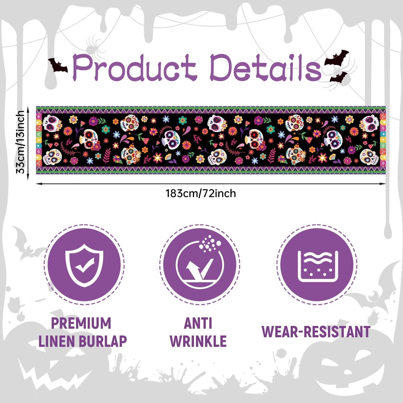 Day of the Dead themed table runner with sugar skull print, showing dimensions and product features.