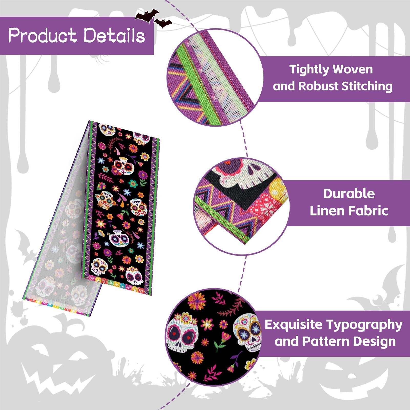 Day of the Dead sugar skull print table runner, shown folded with close-ups of fabric detail and design.