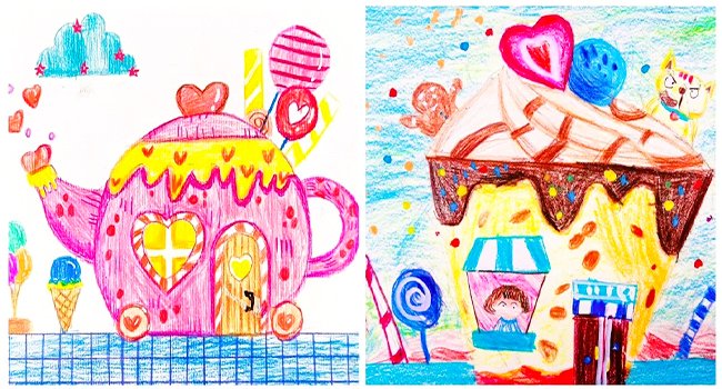 Children's drawings of whimsical candy houses, one shaped like a teapot and the other like an ice cream sundae.