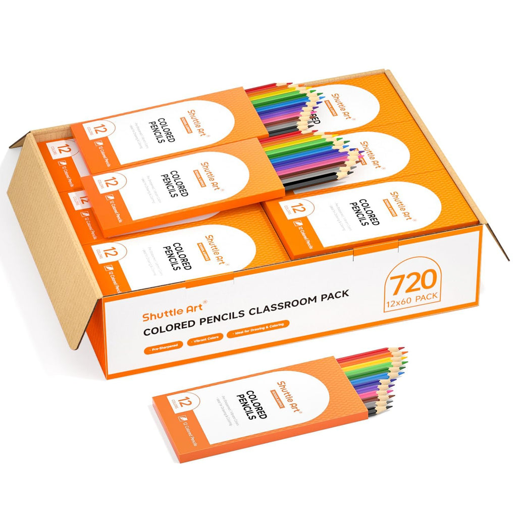 Box of 720 colored pencils, with multiple smaller boxes of 12 pencils visible inside and one box open showing pencils.