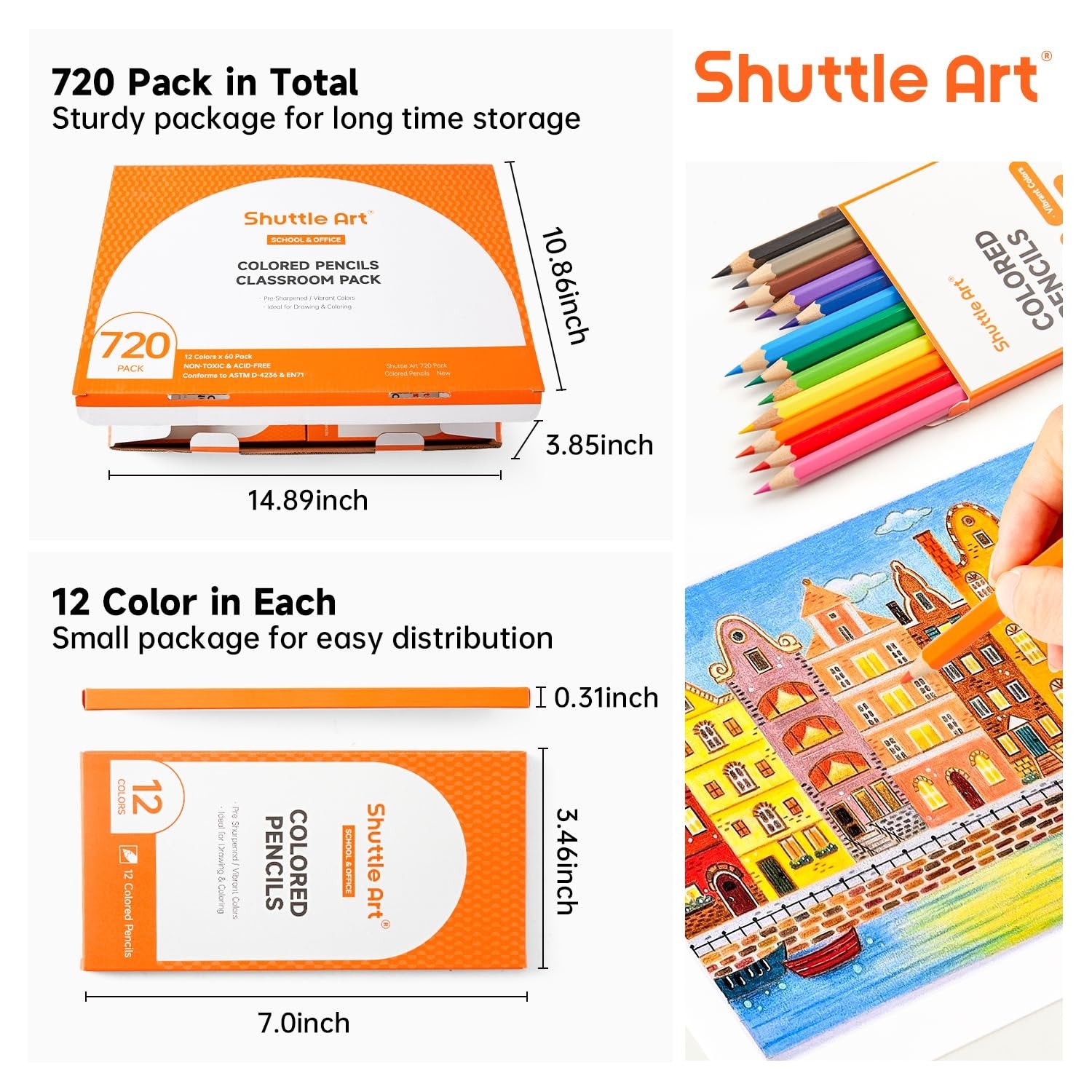 Collage of colored pencils packaging and artwork. Top left shows a large box of 720 colored pencils. Top right shows a hand holding colored pencils with a drawing of buildings. Bottom shows a smaller box of 12 colored pencils.