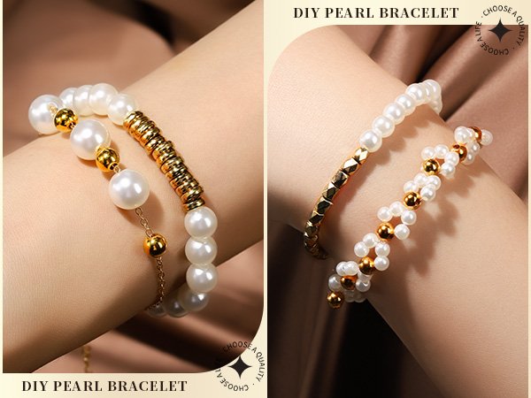 Two pearl and gold beaded bracelets on arms, one with large pearls and gold spacers, the other with smaller pearls and gold beads.