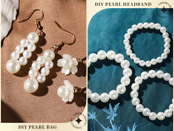 Pearl earrings and bracelets, with text overlays 'DIY PEARL BAG' and 'DIY PEARL HEADBAND'