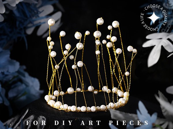 Gold wire crown adorned with pearls, set against a dark background with floral accents.