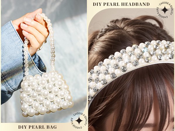 Woman holding a DIY pearl beaded handbag and a close-up of a DIY pearl and rhinestone headband