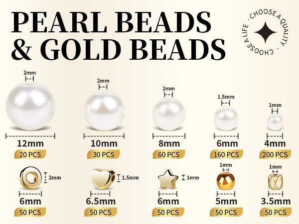 Various pearl and gold beads with size and quantity labels, including round pearls, gold rings, hearts, stars, and cylinders.