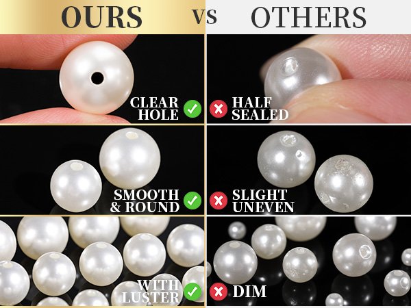 Comparison of pearl beads showing clear holes, smooth and round shape, and luster versus beads with half-sealed holes, slight unevenness, and dim appearance.