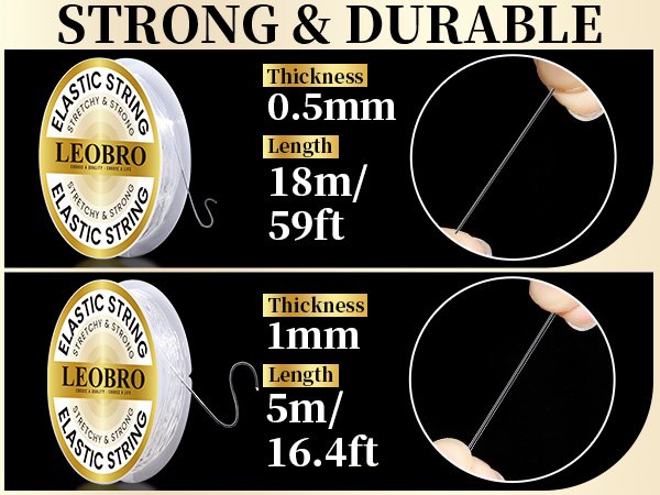 Two spools of elastic string, one 0.5mm thick and 18m long, the other 1mm thick and 5m long, with close-ups showing string thickness.