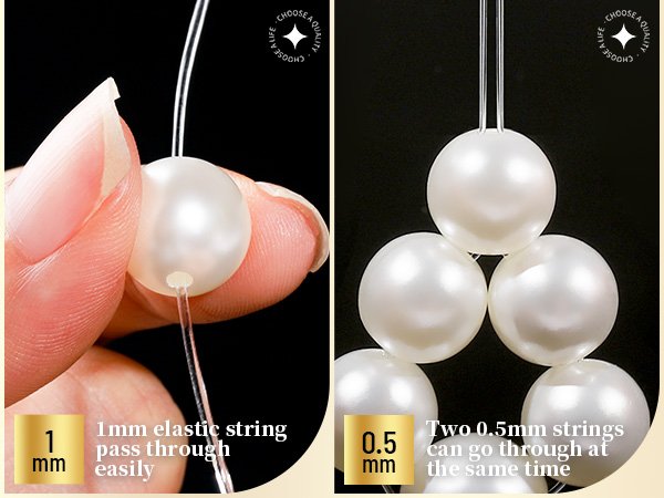 Close-up of pearl beads being threaded with elastic string, showing string passing through holes.