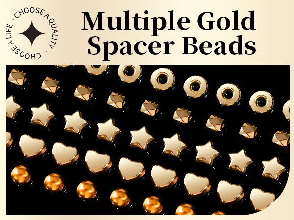 Assortment of gold spacer beads in various shapes including round, heart, star, and faceted cubes.