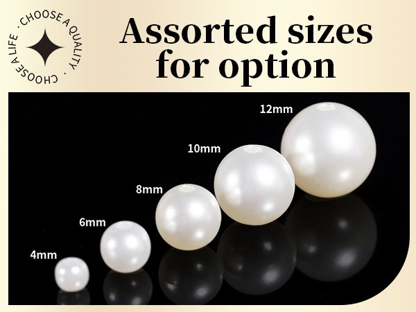 Assorted sizes of pearl beads labeled 4mm, 6mm, 8mm, 10mm, and 12mm on a black background.