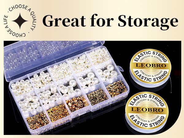 Pearl and gold bead bracelet making kit with elastic string and storage box, top overlay text 'Great for Storage'