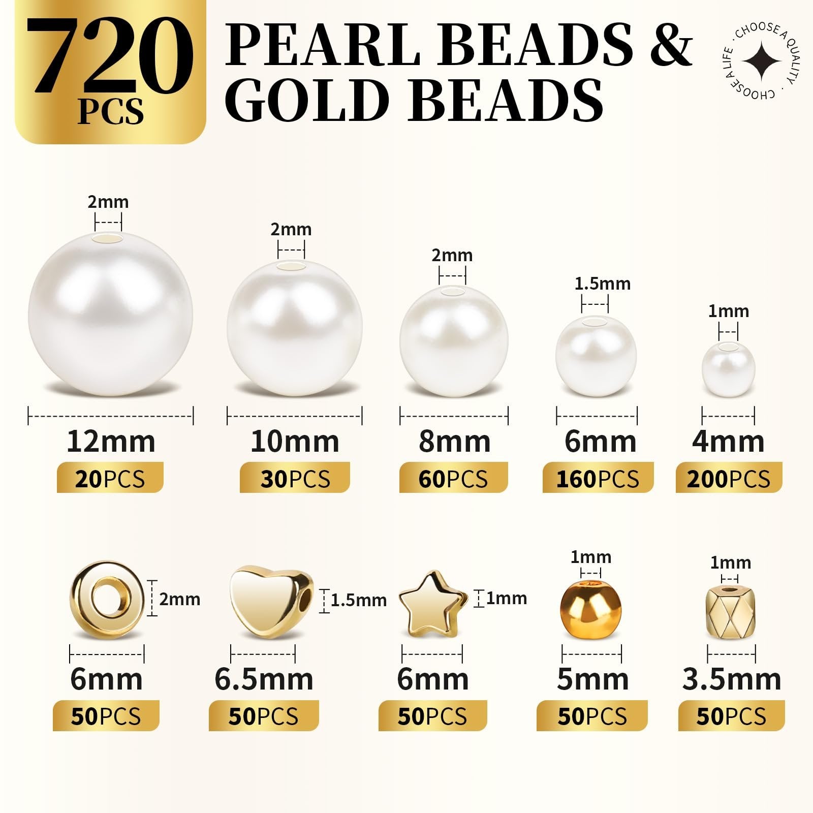 Various sizes of pearl and gold beads with dimensions and quantities labeled.