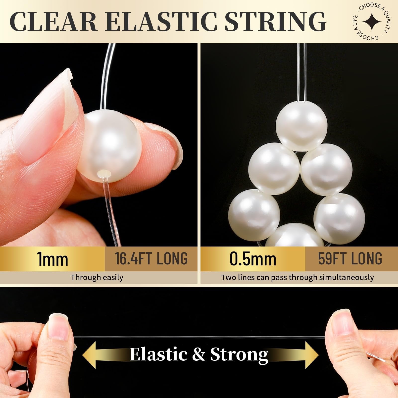 Close-up of hands threading white pearl beads onto clear elastic string, showing different sizes and lengths.