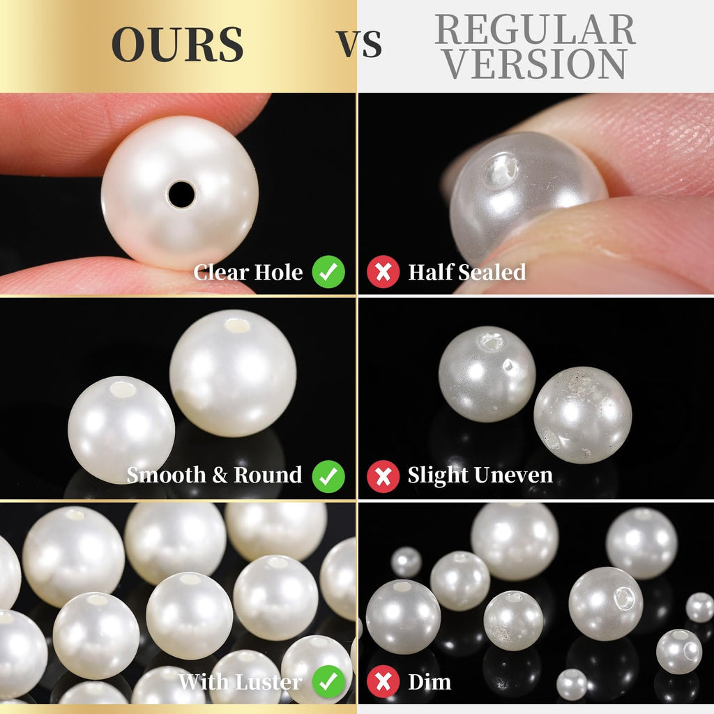 Comparison of pearl beads showing clear holes, smooth and round shape, and luster versus beads with half-sealed holes, uneven surfaces, and dim appearance.