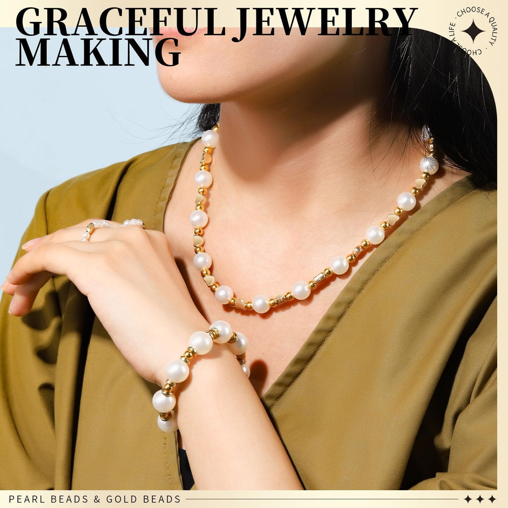 Woman wearing pearl and gold bead necklace, bracelet, and ring, showcasing jewelry making kit.