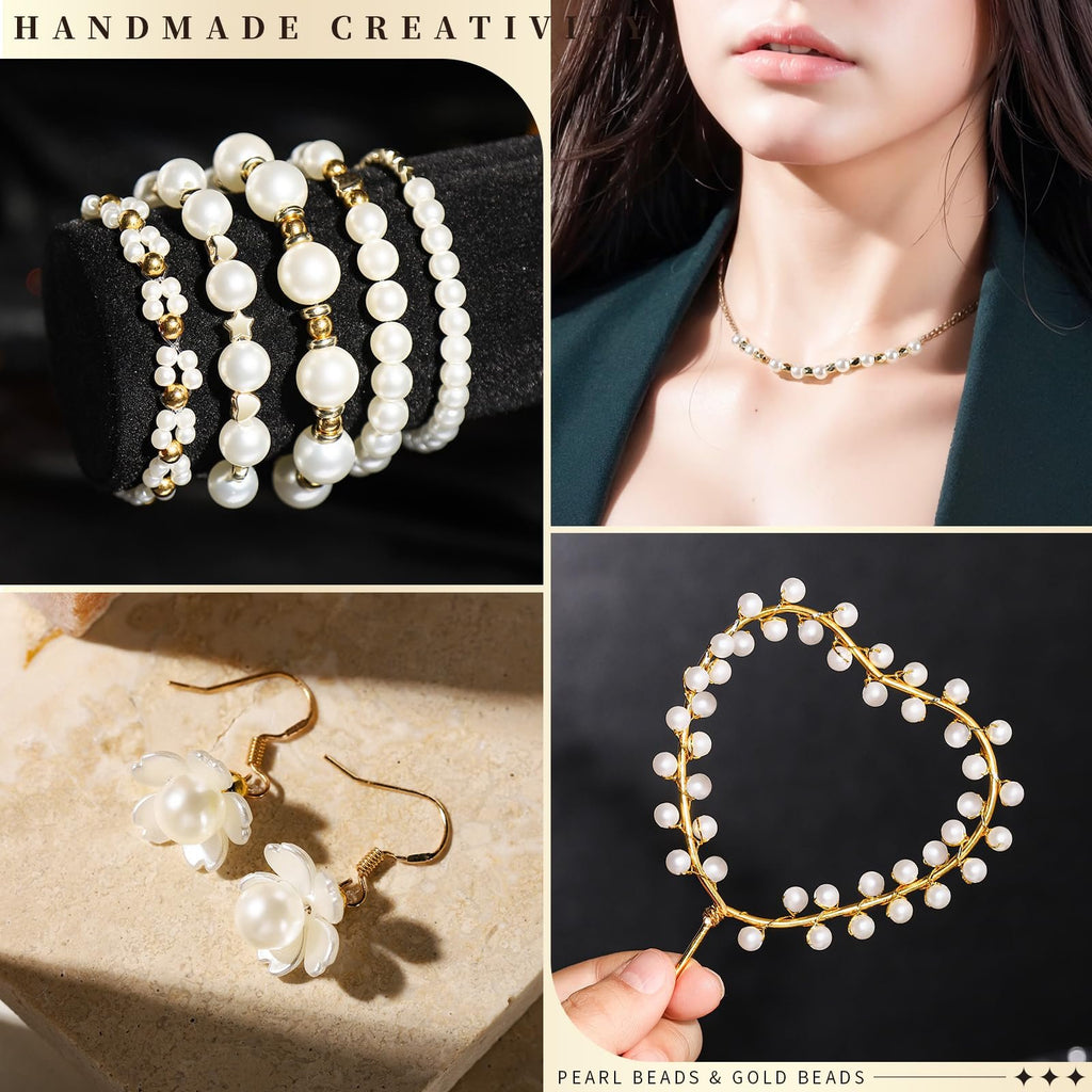 Collage of pearl and gold jewelry: bracelets on display, necklace on a model, earrings, and a heart-shaped wire frame with beads.