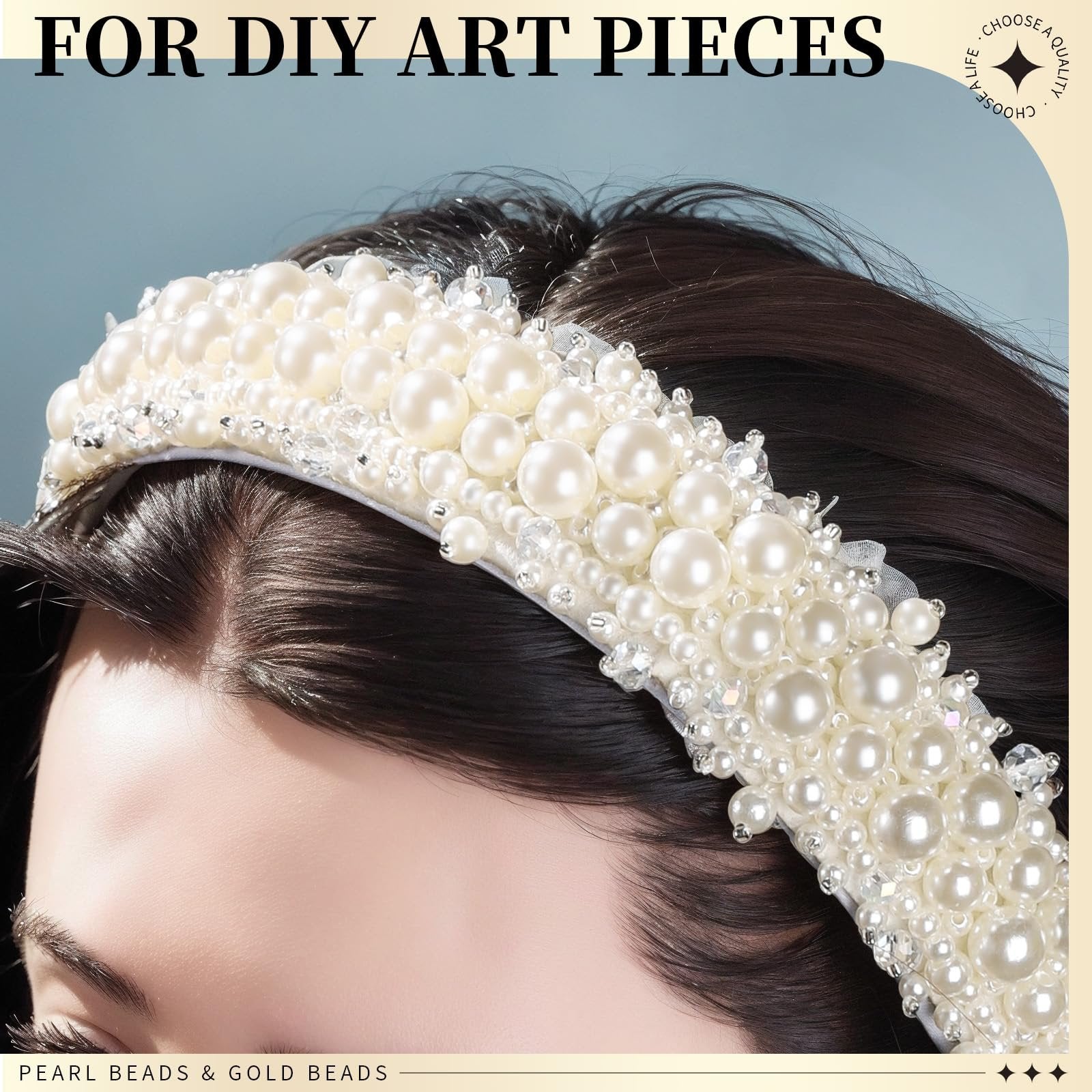 Close-up of a pearl and crystal embellished headband on a model's head, with text overlays.