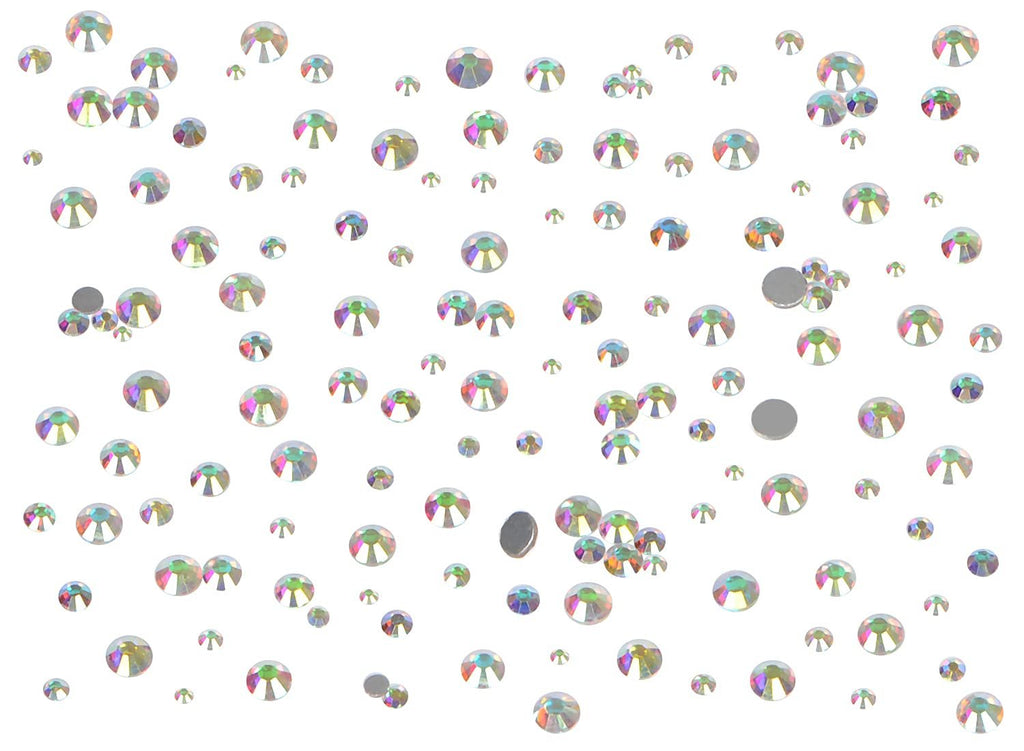 Scattered crystal AB glass flatback rhinestones in various sizes on a white background.