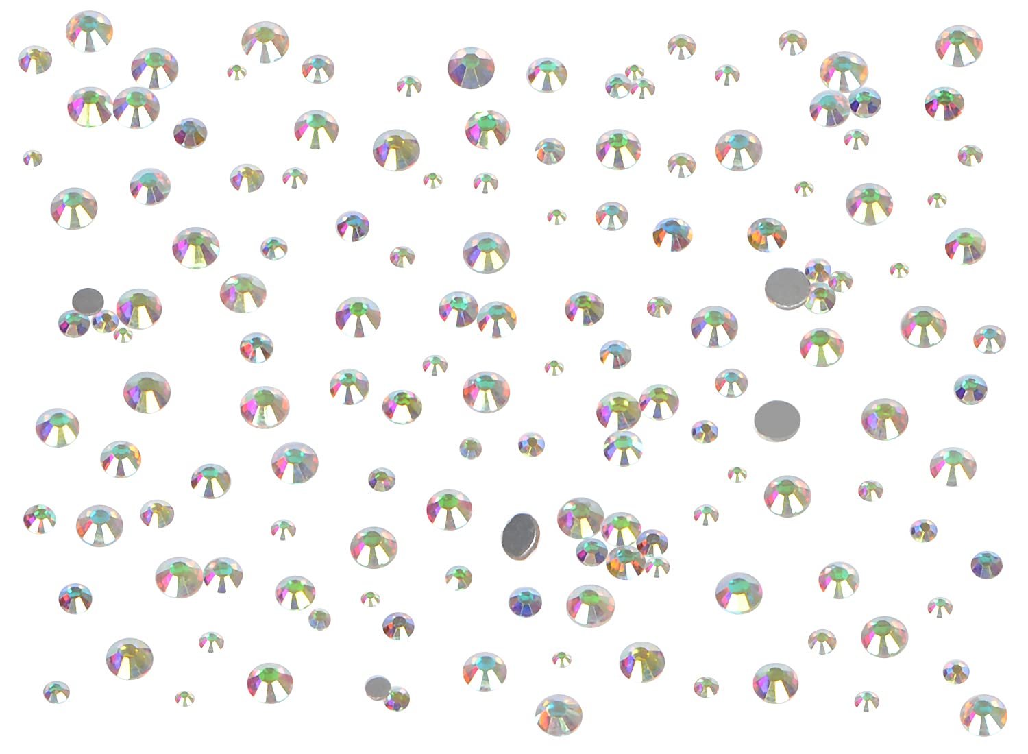Scattered crystal AB glass flatback rhinestones in various sizes on a white background.