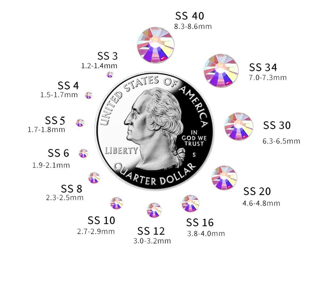 Flatback rhinestones shown in various sizes next to a US quarter for scale, with size labels.