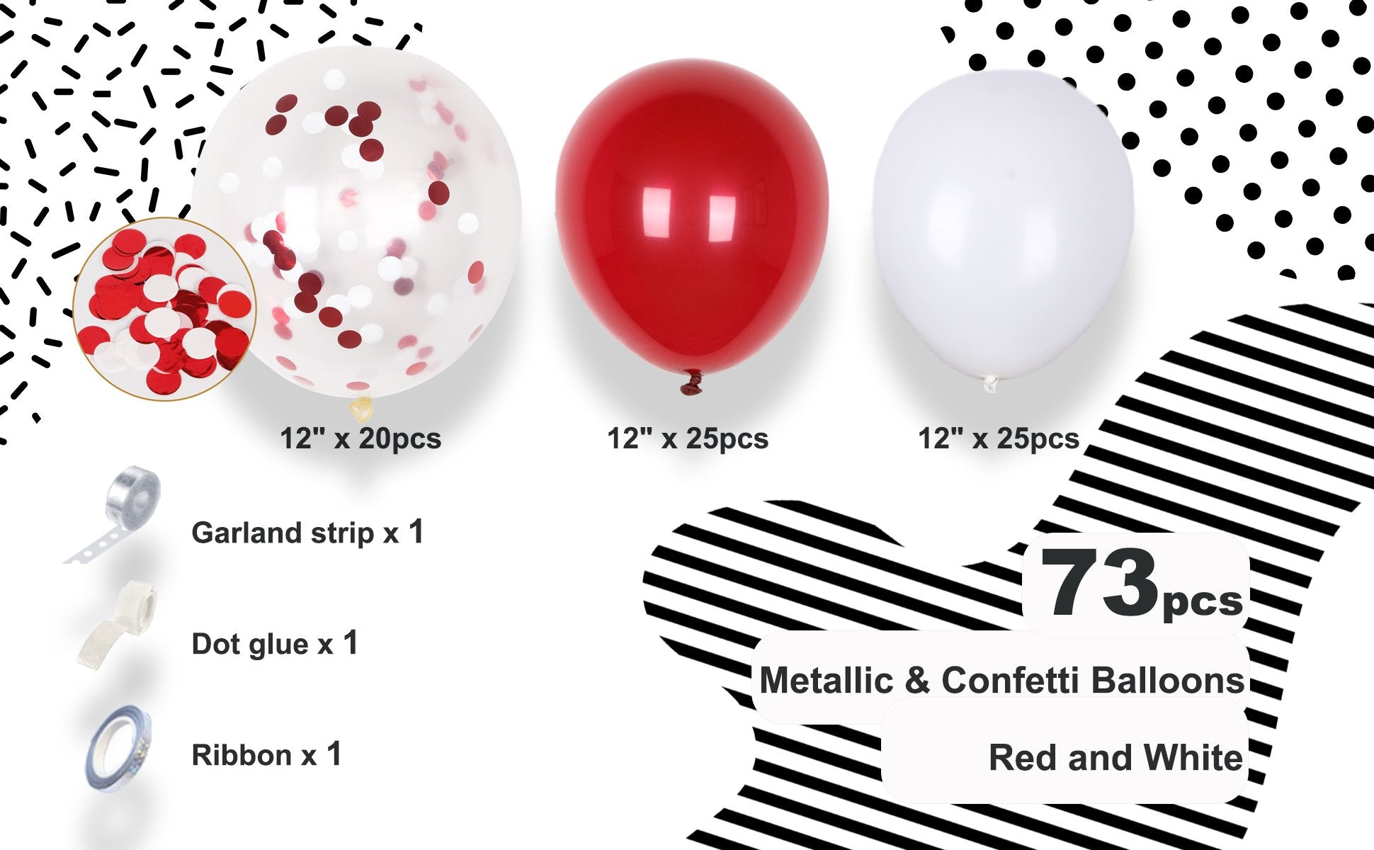Balloon kit with red, white, and confetti balloons, garland strip, dot glue, and ribbon.