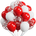Cluster of red and white balloons, some filled with red confetti, against a white background.