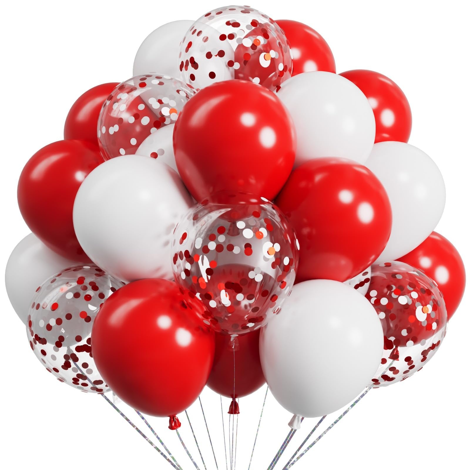 Cluster of red and white balloons, some filled with red confetti, against a white background.