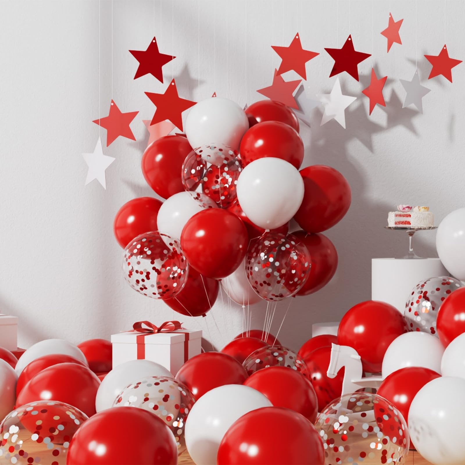 Red and white balloons with confetti, hanging red and white stars, and gift boxes on a wooden floor.