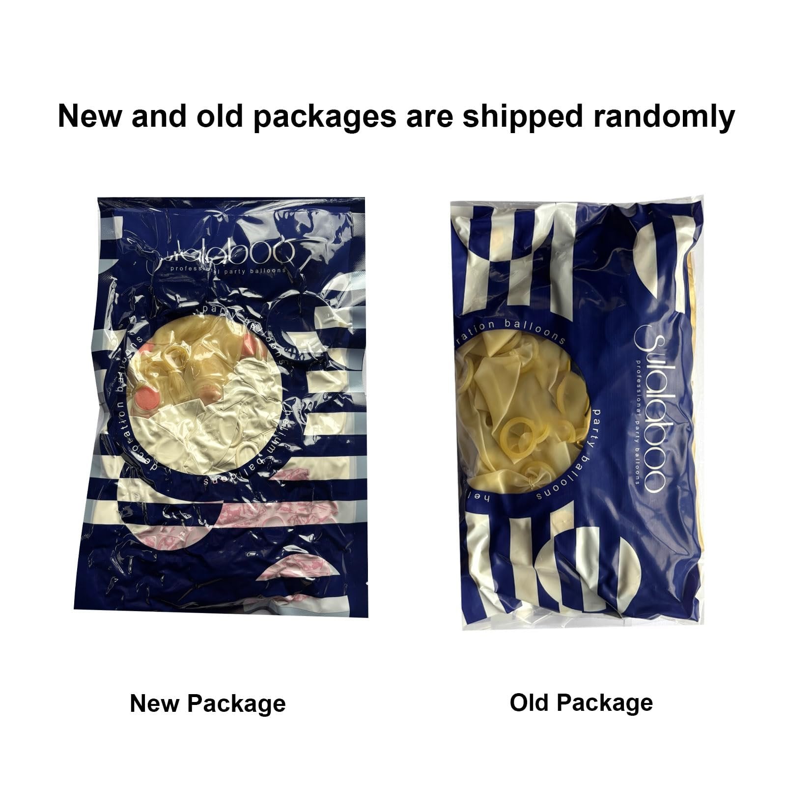 Two packages of balloons, one labeled 'New Package' and the other 'Old Package', showing different packaging designs.