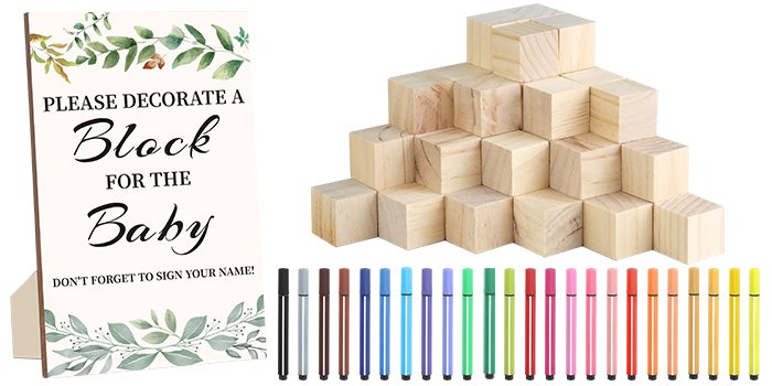 Baby shower block decorating kit with sign, wooden blocks and colorful markers on white background