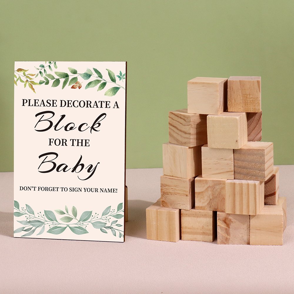 Baby shower block decorating sign and wooden blocks on a table