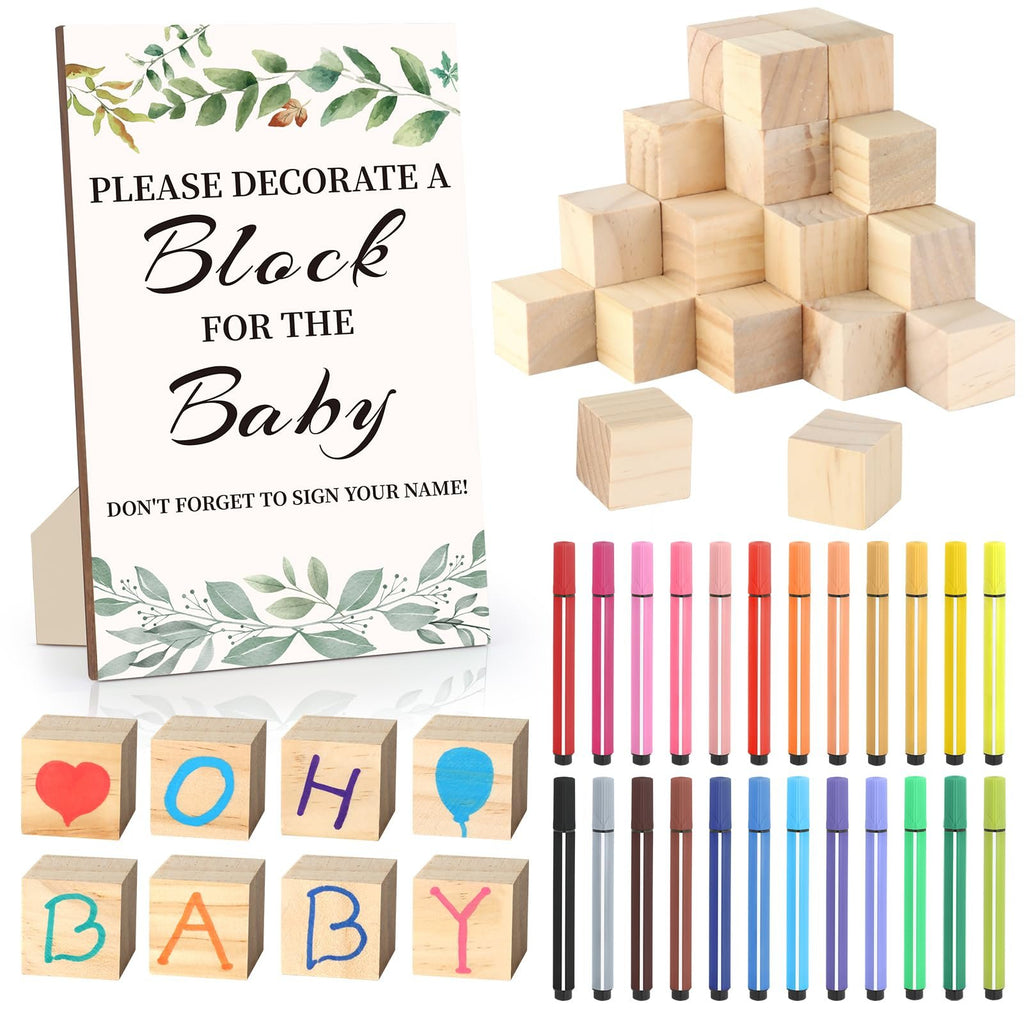 Baby shower block decorating kit with sign, wooden blocks, and markers. Blocks spell 'BABY' and show a heart and balloon.