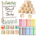 Baby shower block decorating kit with sign, wooden blocks, and markers. Blocks spell 'BABY' and show a heart and balloon.