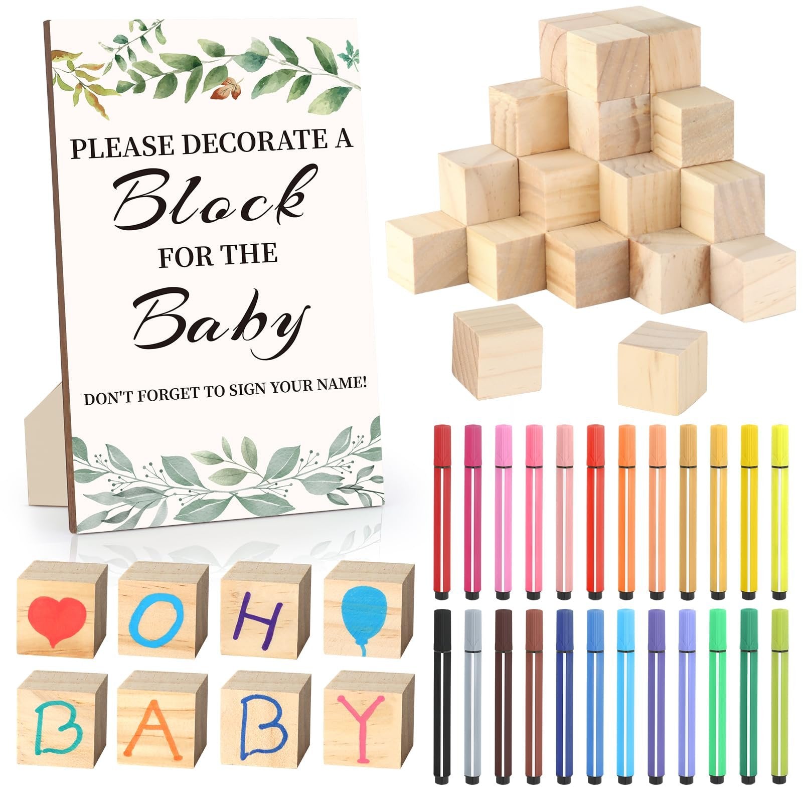 Baby shower block decorating kit with sign, wooden blocks, and markers. Blocks spell 'BABY' and show a heart and balloon.