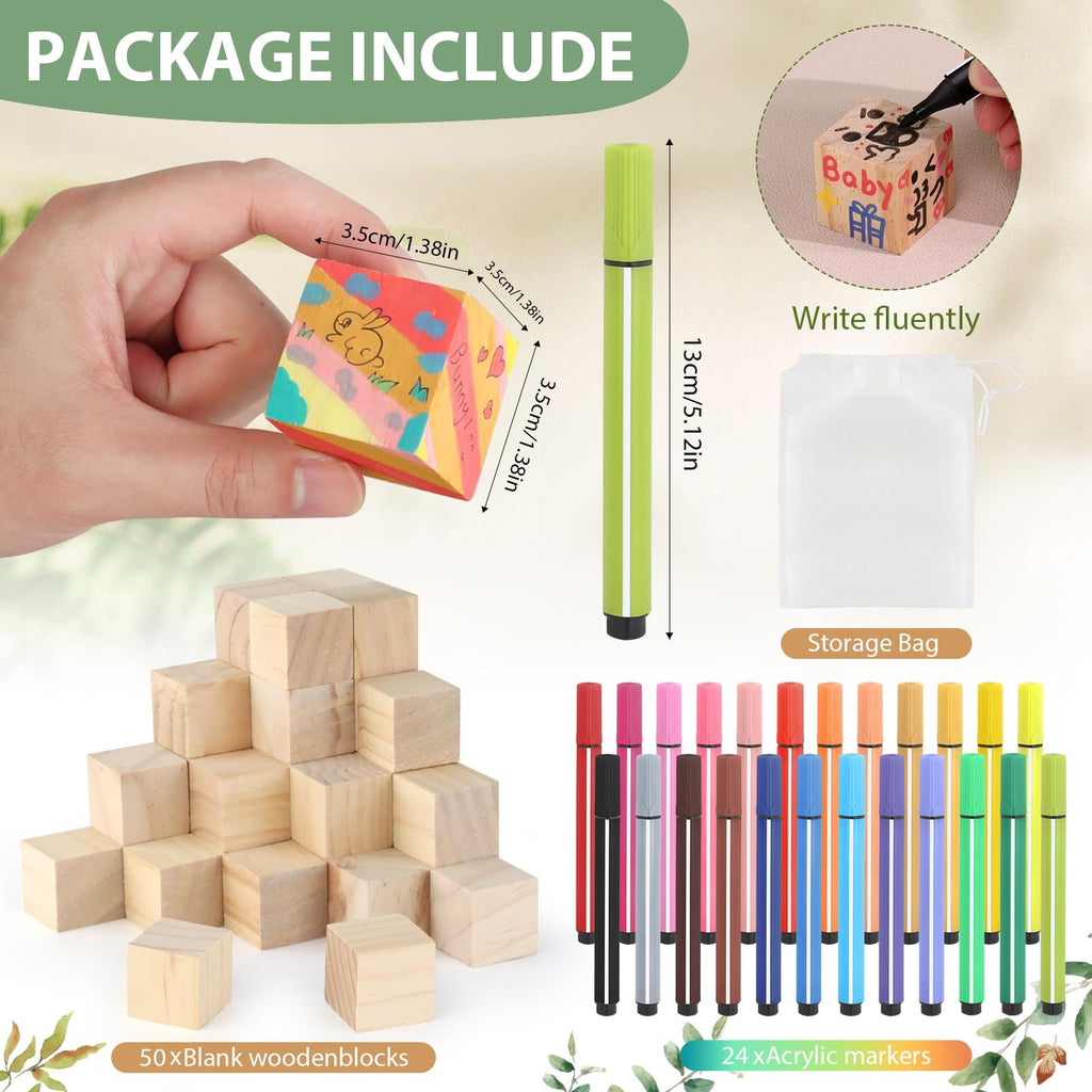 Baby shower game sign kit with wooden blocks and acrylic paint markers, showing a hand holding a decorated block.