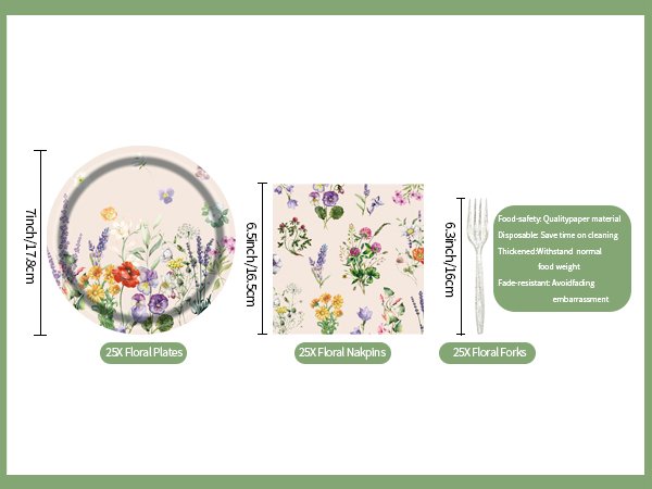 Floral paper plates, napkins, and forks with dimensions and feature callouts