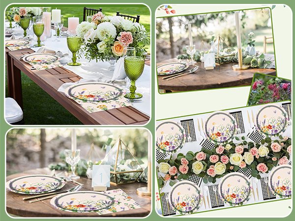 Floral paper plates and napkins set arranged on outdoor dining tables with floral centerpieces and green glassware.