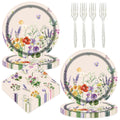 Floral paper plates and napkins set with clear glitter forks, arranged in a flat lay composition.