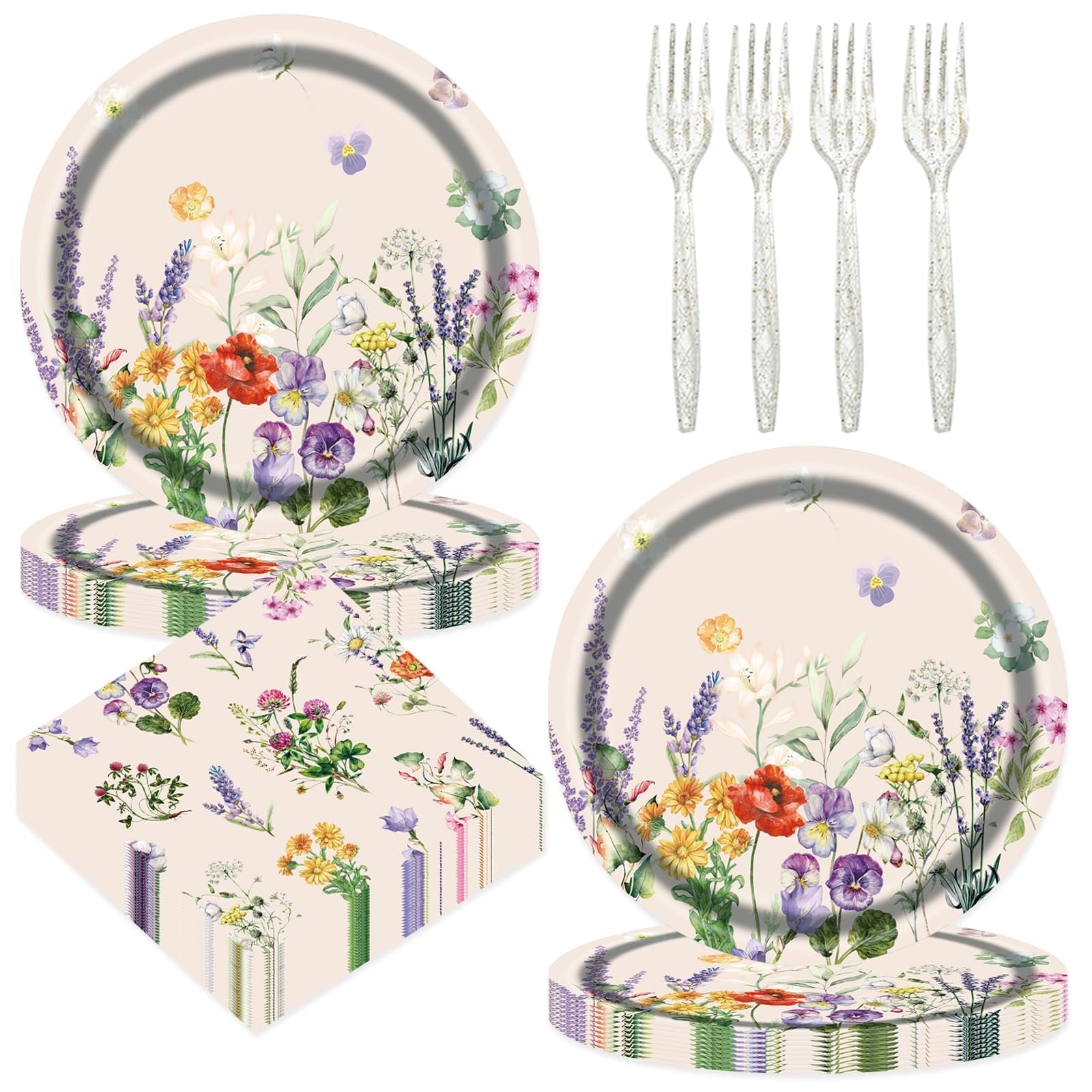 Floral paper plates and napkins set with clear glitter forks, arranged in a flat lay composition.