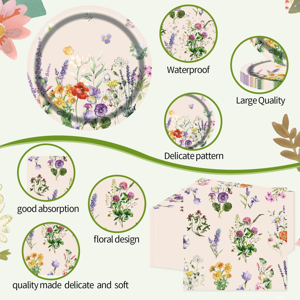 Floral paper plates and napkins set with various flower designs, shown in multiple close-ups and a stack.