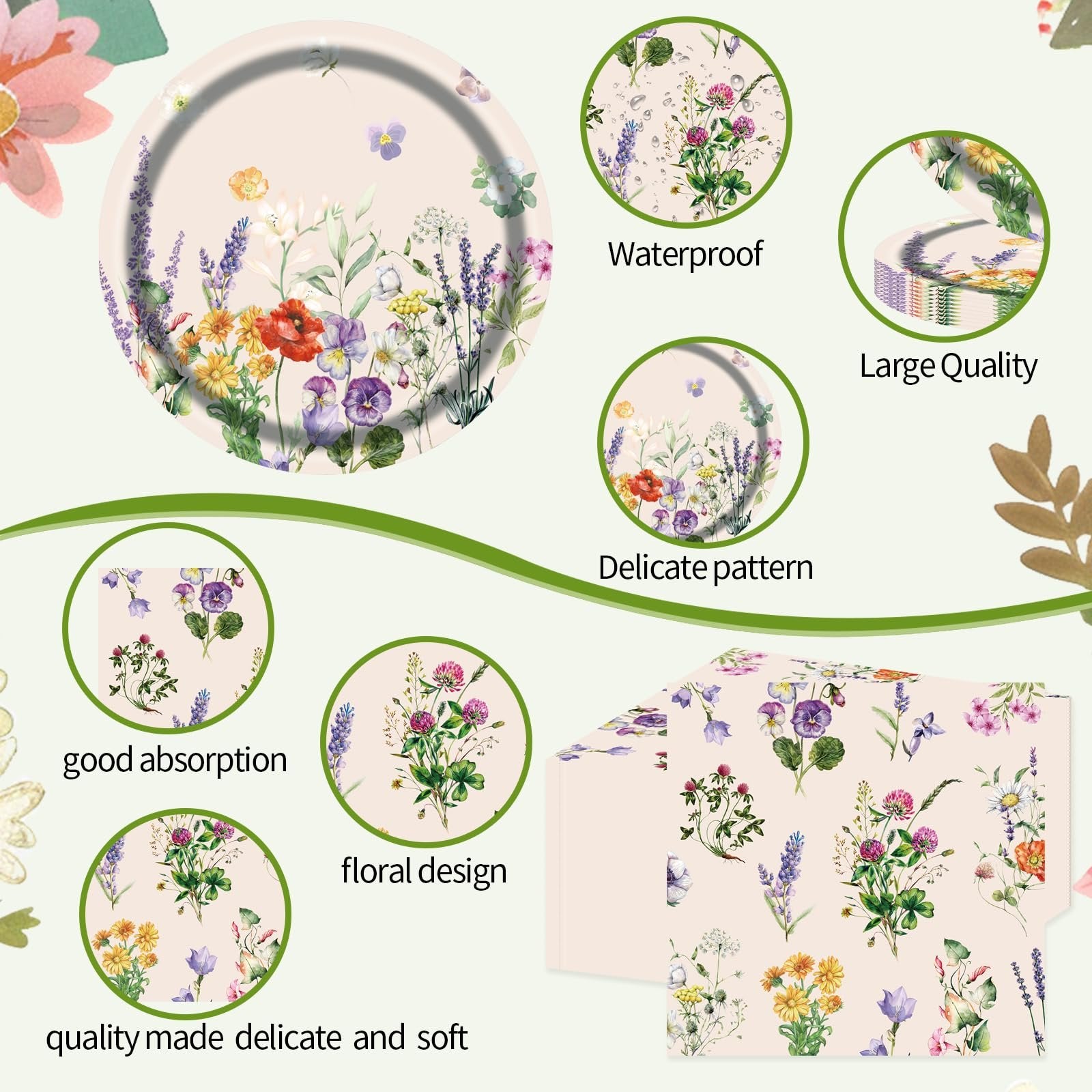 Floral paper plates and napkins set with various flower designs, shown in multiple close-ups and a stack.