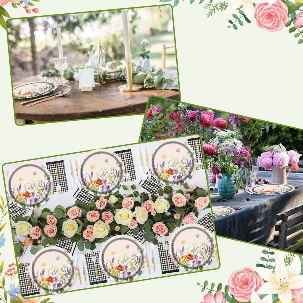 Floral paper plates and napkins set arranged on a table with roses and greenery, and a separate table setting with a number 1 card.