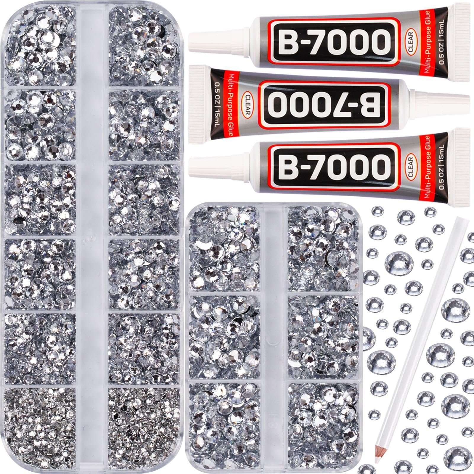 Flatback rhinestones in divided containers with three tubes of clear multi-purpose glue and a white pencil.