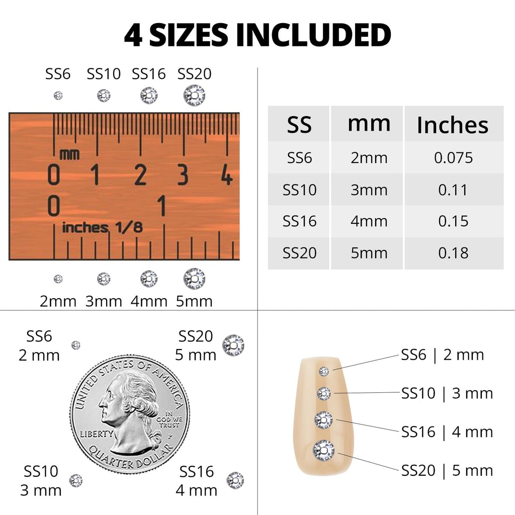 Flatback rhinestones in four sizes shown with rulers, a quarter, and a nail for scale.