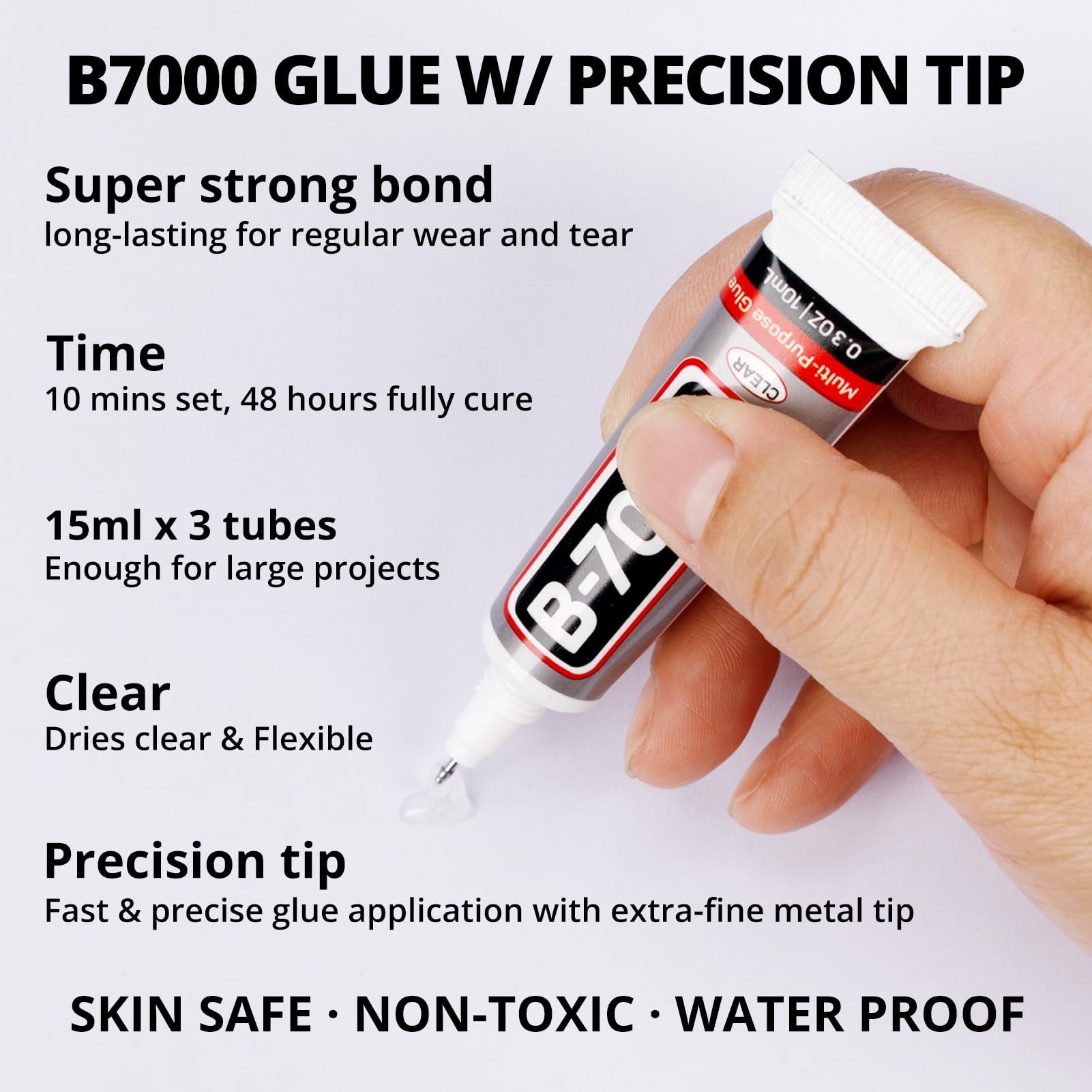 Hand holding a tube of clear multi-purpose glue with a precision tip, showing product features.