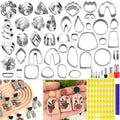 Polymer clay cutters in various shapes, including flowers, hearts, and geometric designs, with clay earrings and alphabet stamps.