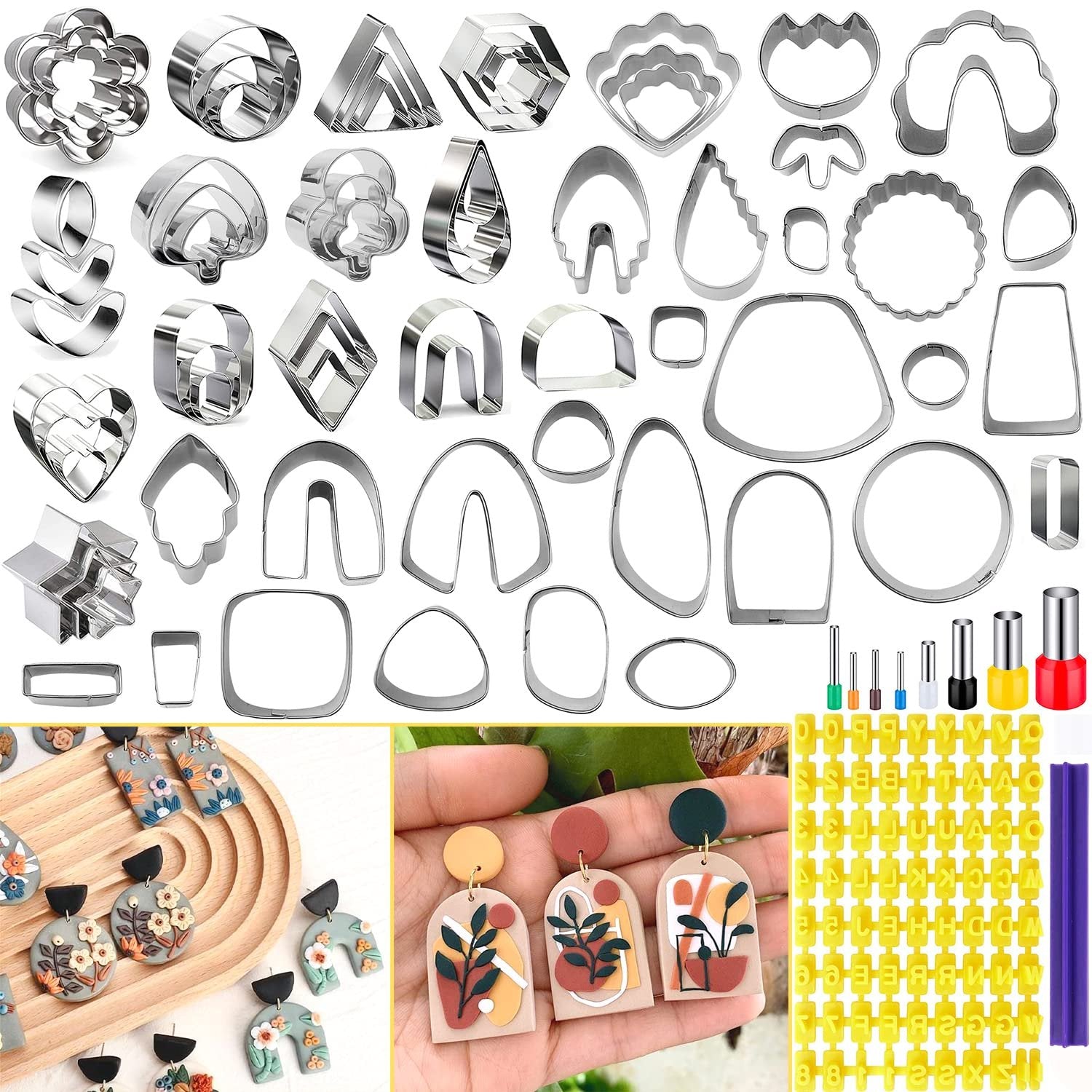 Polymer clay cutters in various shapes, including flowers, hearts, and geometric designs, with clay earrings and alphabet stamps.