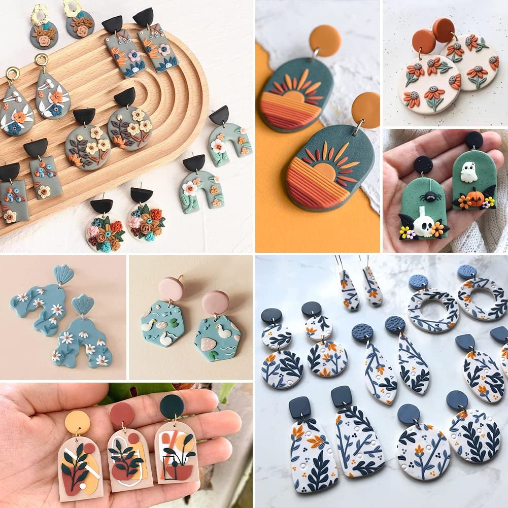Collage of various polymer clay earrings with floral, abstract, and Halloween designs.