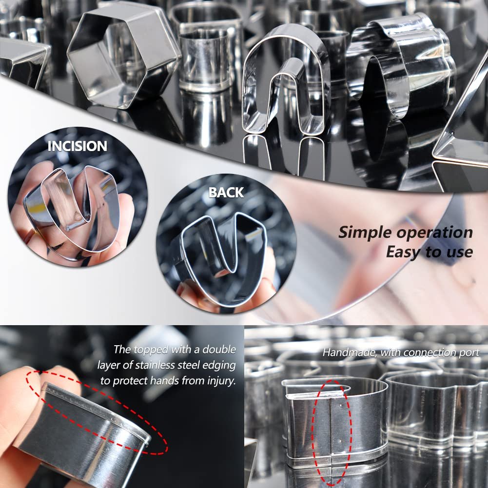 Close-up of various stainless steel clay cutters in different shapes, with inset images showing details of cutter construction and safety features.